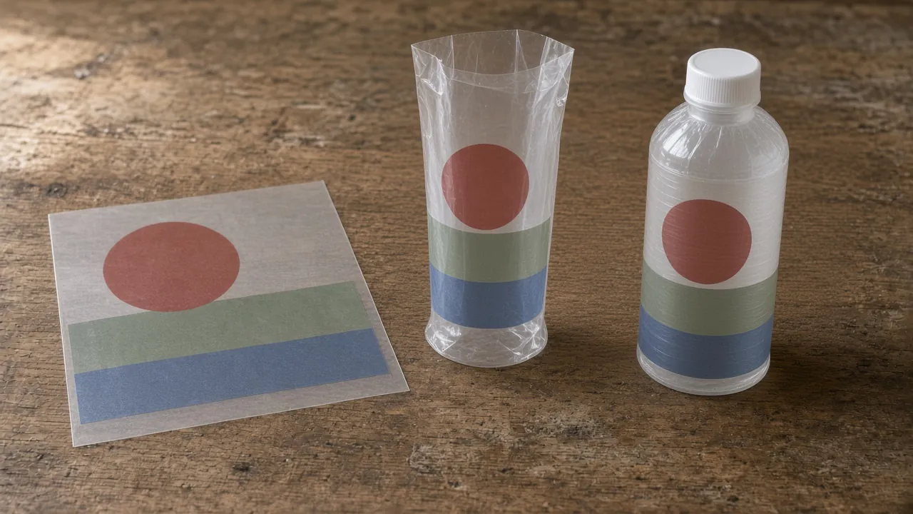 Illustrative photo of a flat printed sleeve, the same sleeve as a loose tube, and a bottle with that sleeve shrunk on, on a worn workbench.