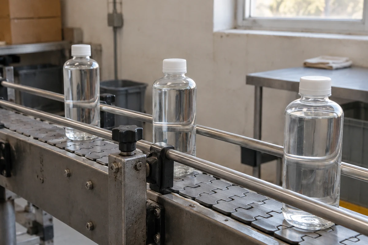 Illustrative clear bottles between guide rails on a short conveyor segment
