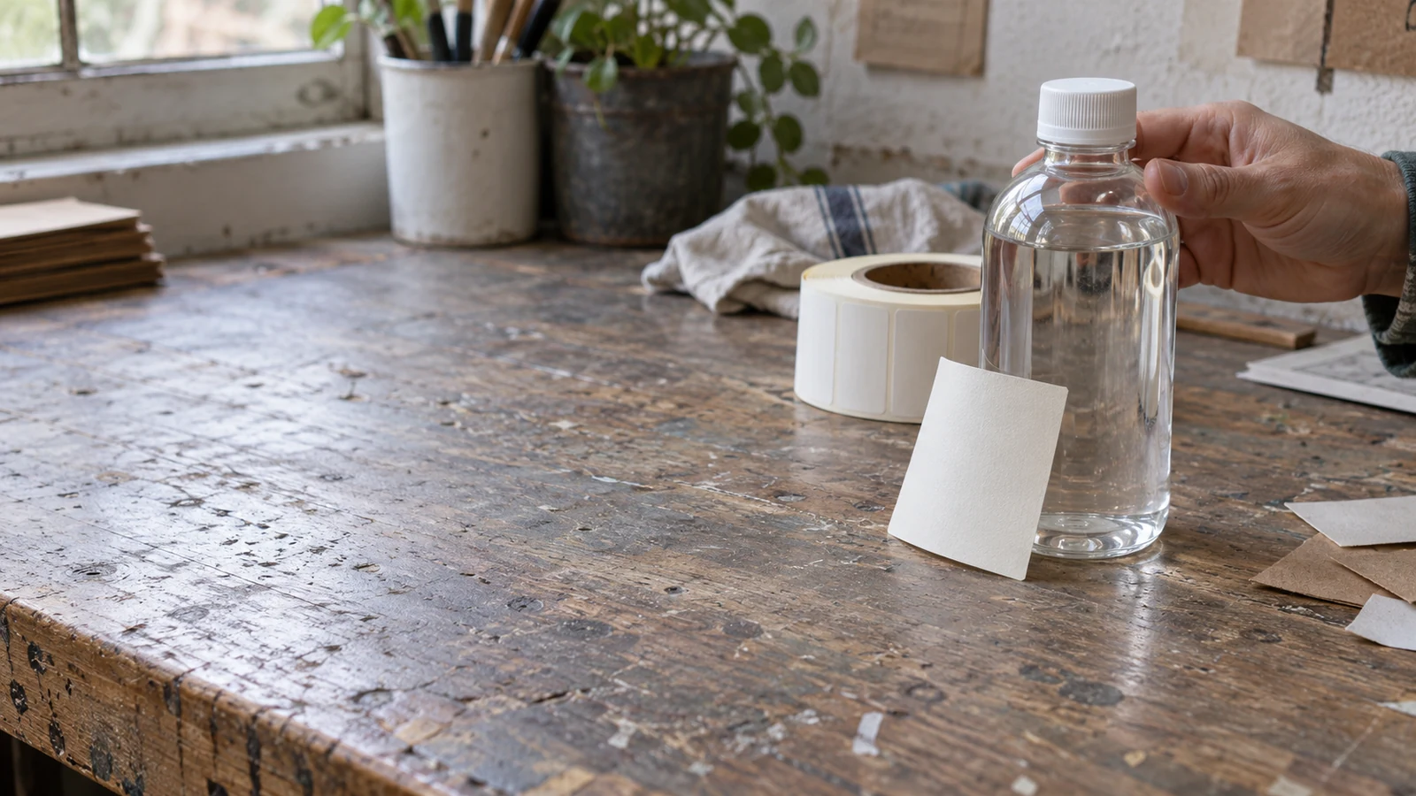 Illustrative hand holding an unbranded bottle beside label samples on a worn workbench